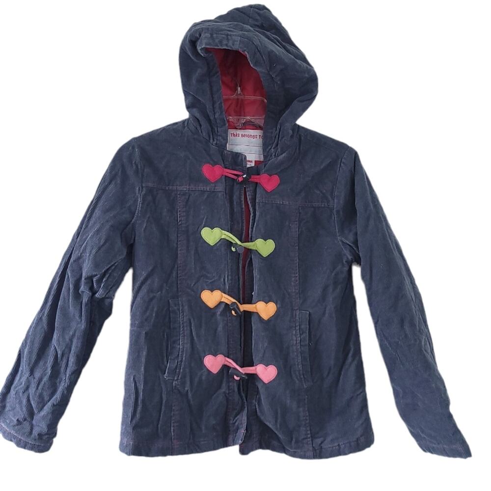Gymboree Corduroy Coat Jacket Large 10-12 Gray Heart Toggle Buttons Hooded